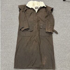 Driza-Bone Outrider Duster Coat Mens 8 9 Brown Waxed Cotton Shearling Lined D1